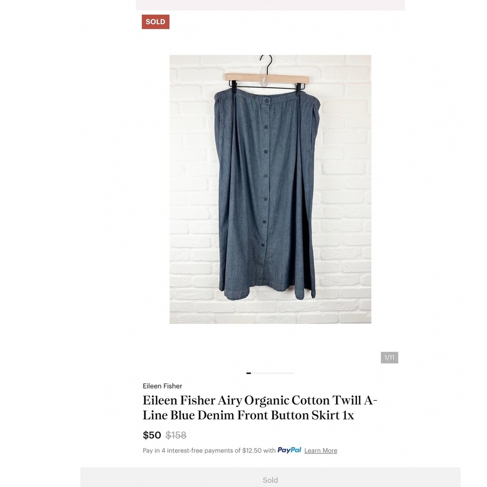 EILEEN FISHER SOFT BUTTON DOWN CHAMBRAY MIDI SKIRT SZ XL cotton, A-Line ,Organic
